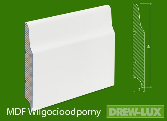 Listwa przypodłogowa MDF biała lakierowana - 120 x 16 PLUS - wilgocioodporna